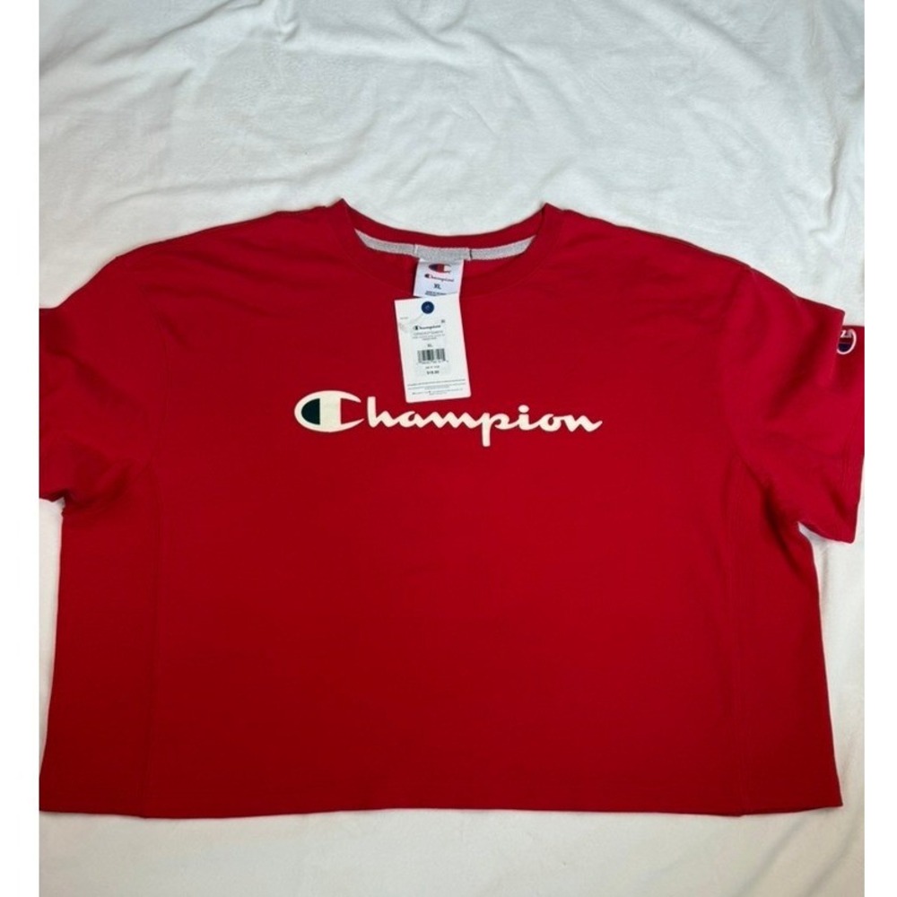 Champion Womens Heritage Cropped T-Shirt Tango Red Logo XL NEW